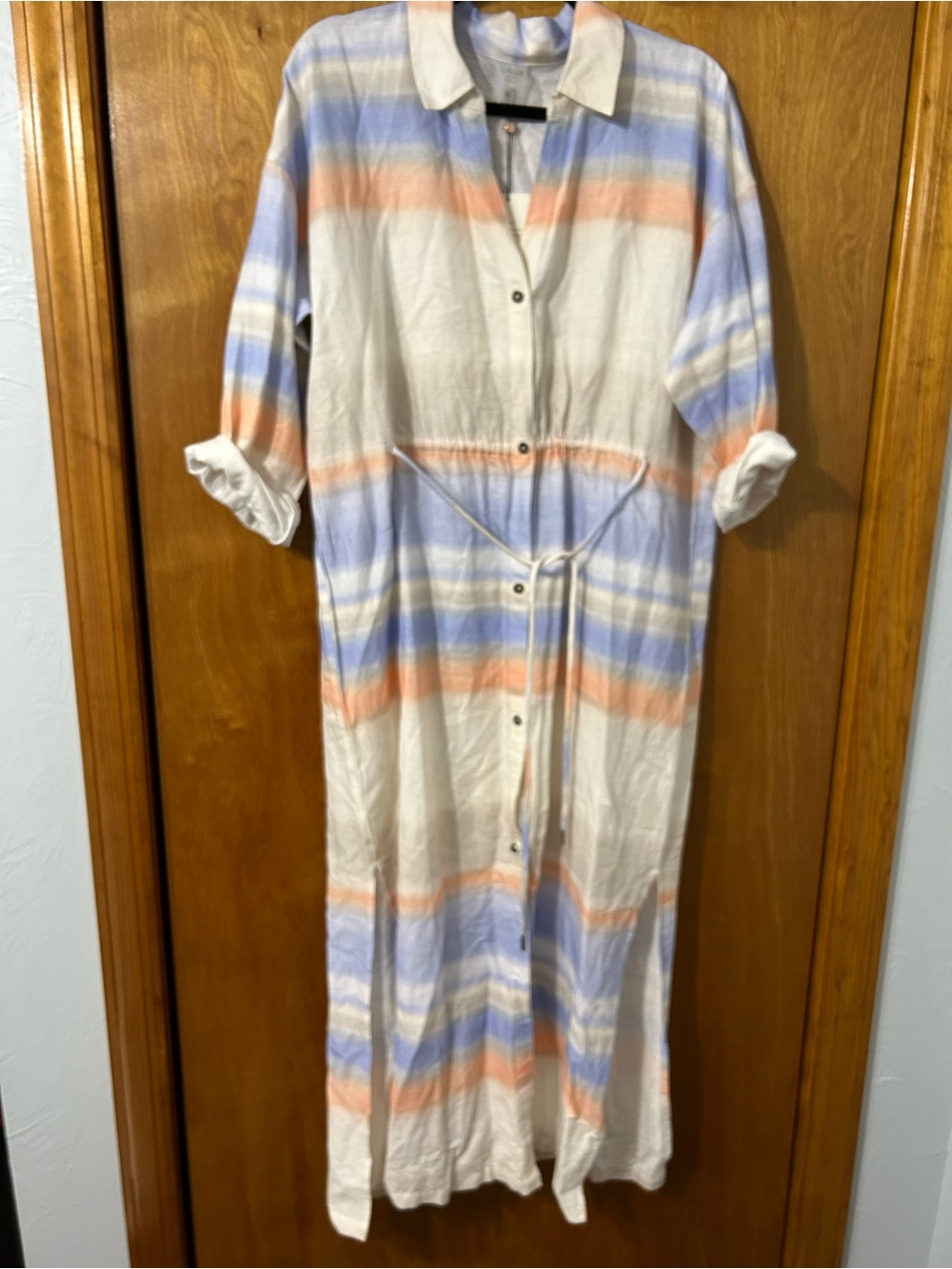 CALIA by Carrie Underwood White with Blue & Peach Stripes Maxi Shirt Dress